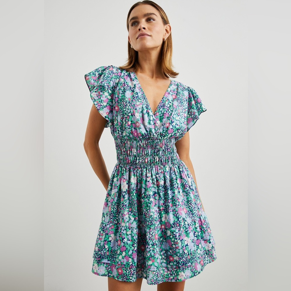 Rails Kimora Floral Cotton Minidress Flutter Sleeve Ruched Waist - Size Small